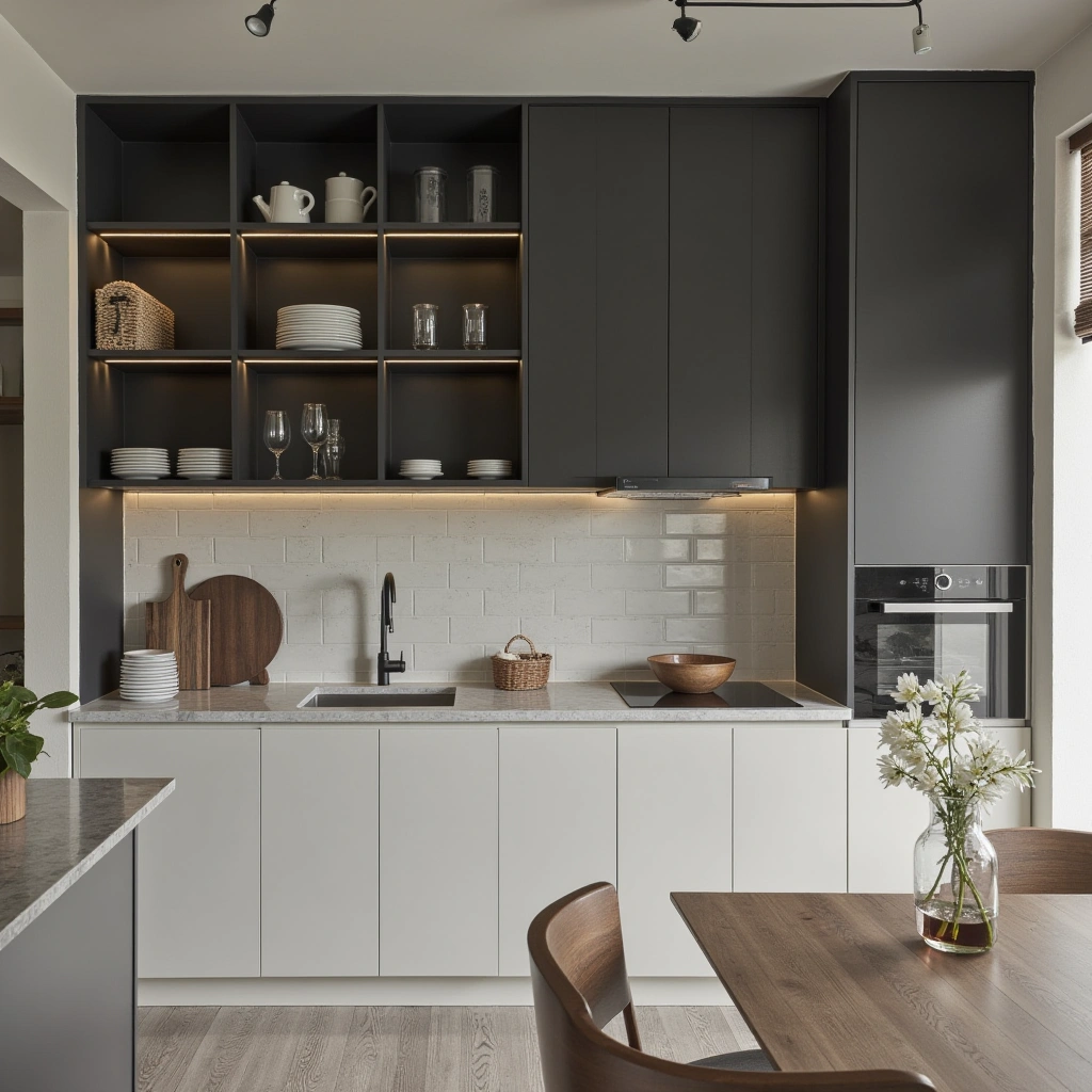 Idea 11: Stylish Black and White Open Shelving